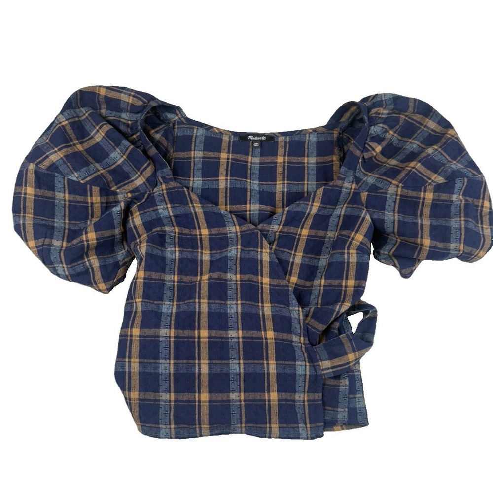 Madewell Womens XXS Plaid Wrap Top Puff Sleeve Tie Waist Blue 100% Cotton
